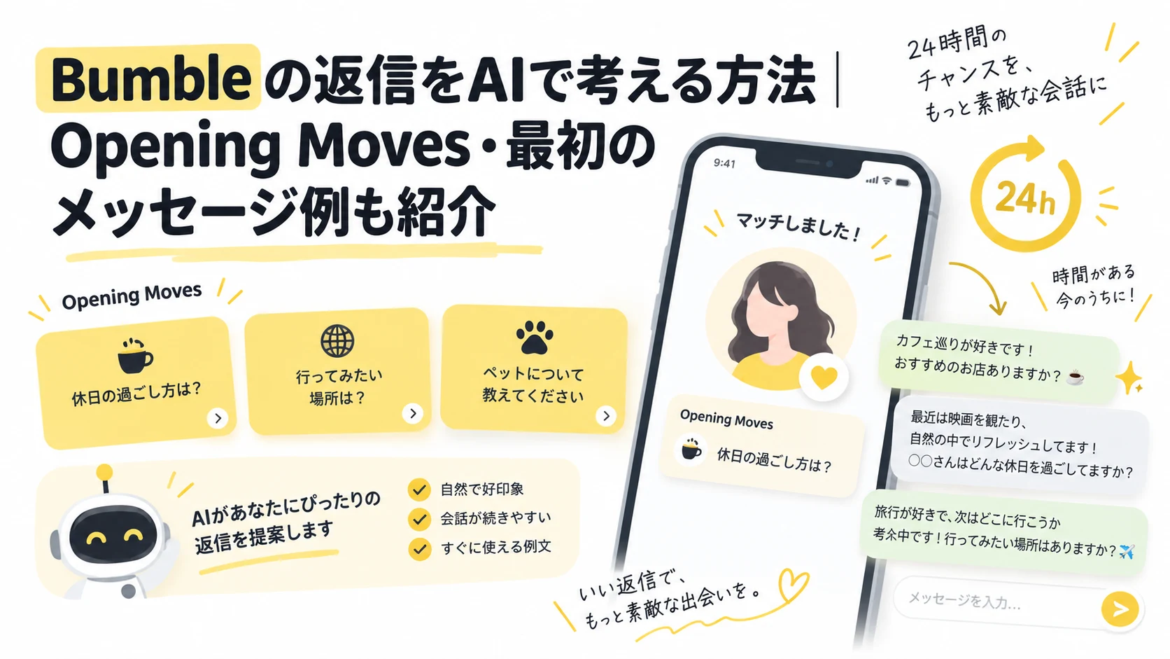BumbleでモテリプAIを使って返信を考えるイメージ
